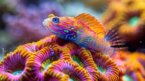 A colorful fish is swimming in front of a coral photo