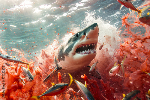 A great white shark's feeding frenzy captured mid-action, with blood and fish remnants swirling in ocean waters..