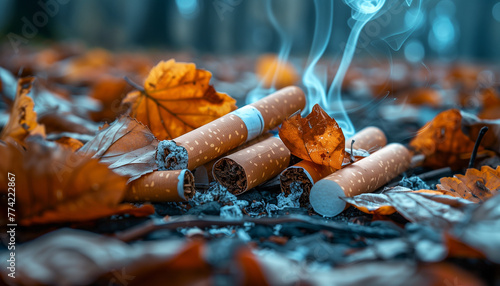 Discarded cigarettes among autumn leaves with smoke rising, highlighting pollution and environmental concern, concept for the World No-Tobacco Day photo