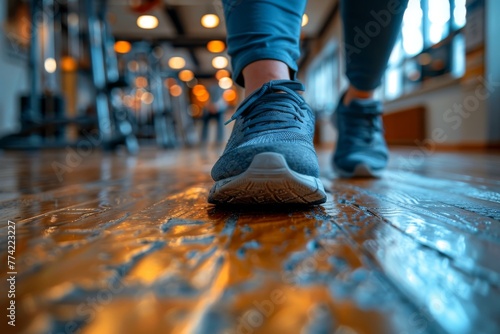 Perspective view of walking feet in sports shoes on a polished wooden gym floor, depicting action and fitness lifestyle