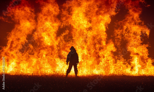 firefighter with flames in background