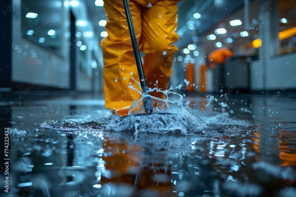 A dedicated janitor in a yellow suit is meticulously cleaning a flooded floor with a mop inside a building, water splashing around him - obrazy, fototapety, plakaty 