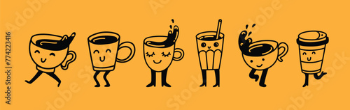 Set of retro doodle funny characters posters. Vintage drink vector illustration. Latte, cappuccino, coffee cup mascot. Nostalgia 60, 70s, 80s. Print for cafe