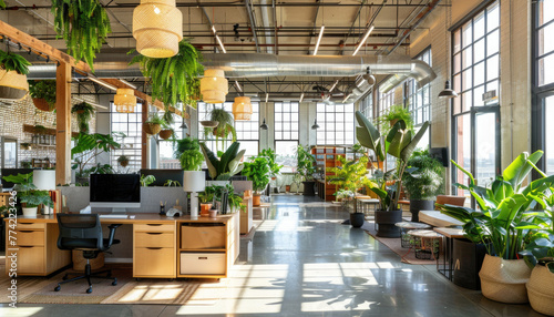 A large open office space with lots of plants and a few potted plants by AI generated image