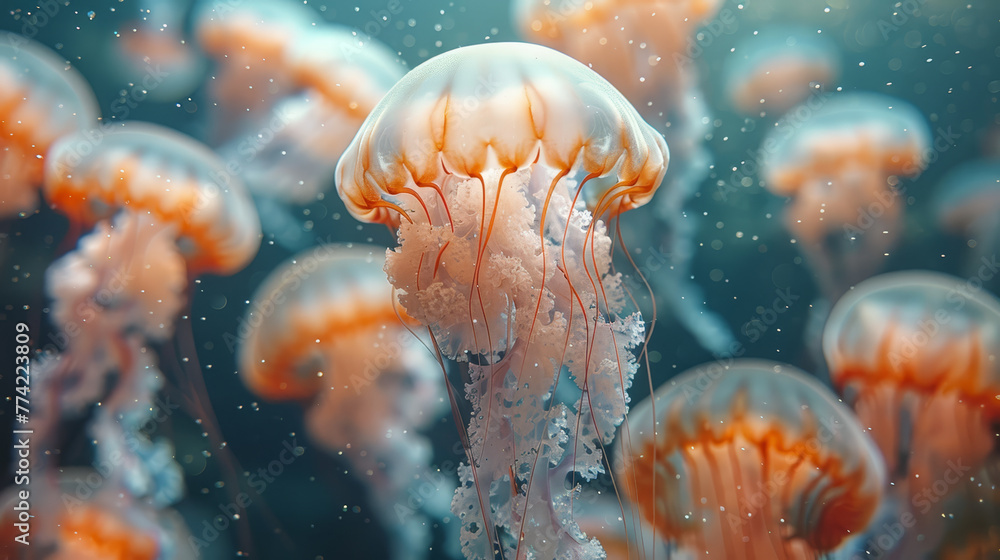 A mesmerizing swarm of ethereal jellyfish, with delicate pink hues, floats gracefully in the tranquil blue waters of the ocean.. - obrazy, fototapety, plakaty 