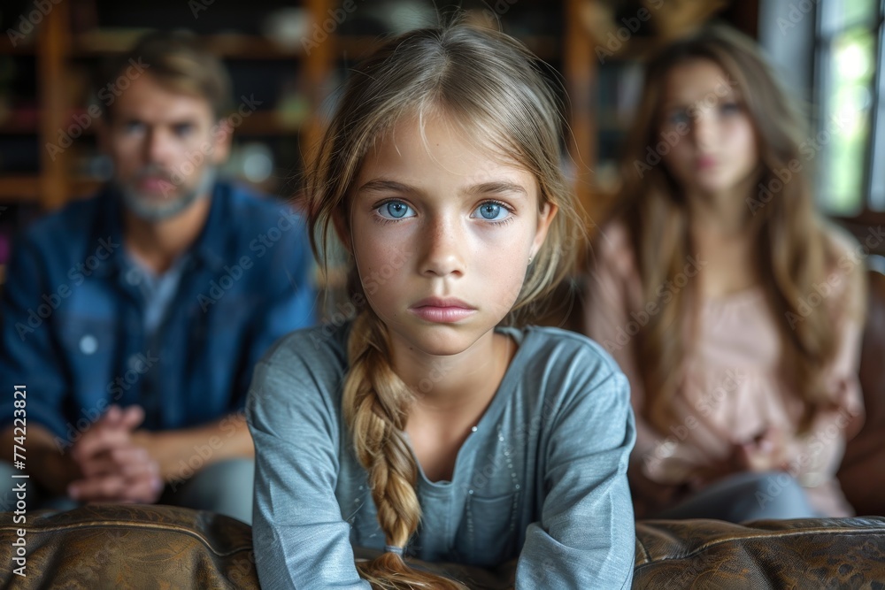Intense young girl with blue eyes and a serious expression, seated in front of adults