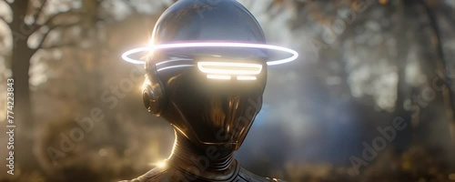Portrait of steampunk person like robot wearing a helmet standing with nimbus in front of gray forest light background. Anamorphic 4K photo