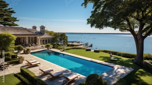 Mediterranean inspired villa with a sprawling garden and a private beach access in the exclusive Hamptons  New York