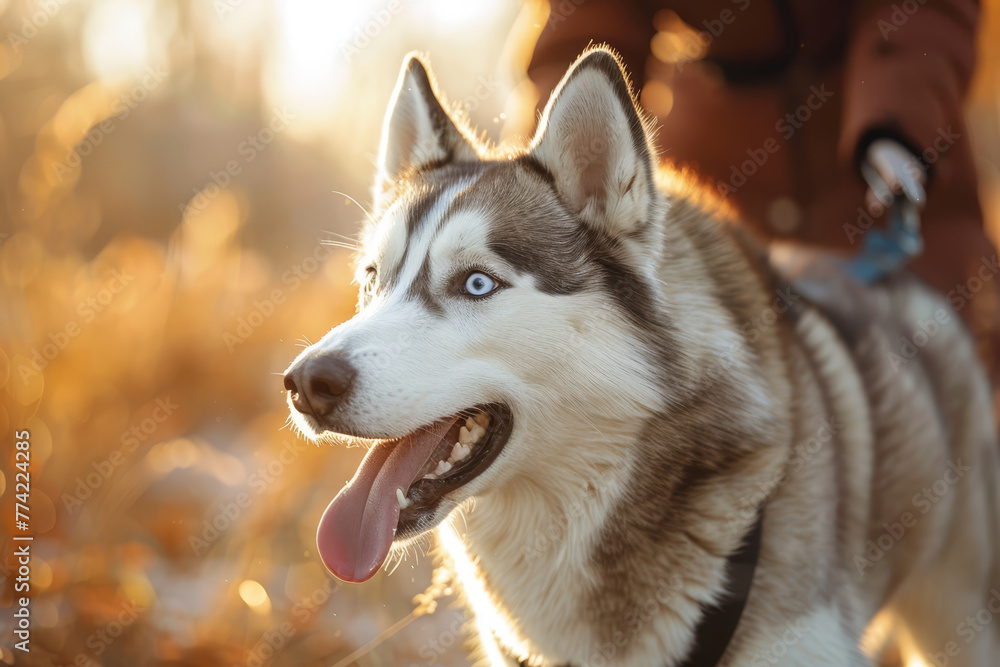 An energetic Husky dog running on a forest path with its owner during a golden hour walk, evoking companionship and activity.