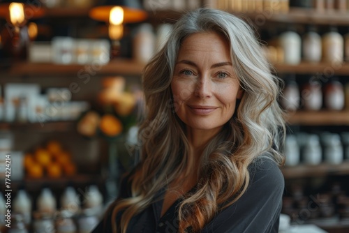 Beautiful mature woman with grey hair smiling in an organic store environment