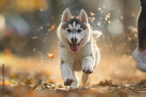 An energetic Husky dog running on a forest path with its owner during a golden hour walk, evoking companionship and activity.