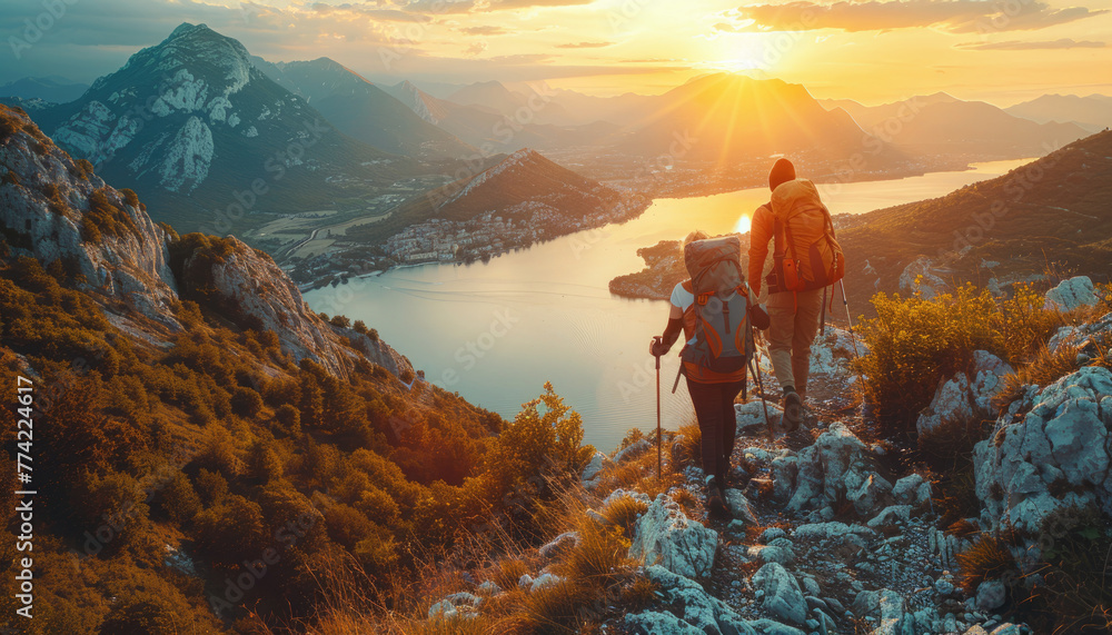 Two people are hiking up a mountain, one of them wearing a blue backpack by AI generated image - obrazy, fototapety, plakaty 