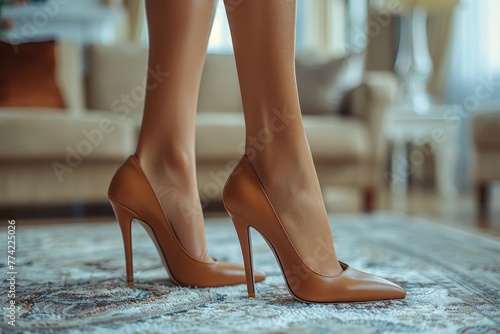 Elegantly captured, a pair of brown stiletto heels stand out on a beautifully designed rug, implying style photo