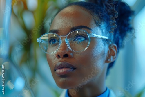 Female scientist's determined expression captured amidst a scientific setup, highlighting her professionalism