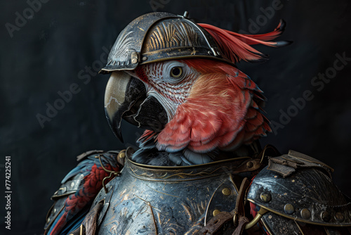 A vibrant Scarlet Macaw parrot donning an intricately designed medieval armor, showcasing a blend of nature and craftsmanship.