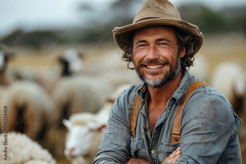 A happy male shepherd wearing a hat stands with his flock of sheep in a rural setting, embodying rural life