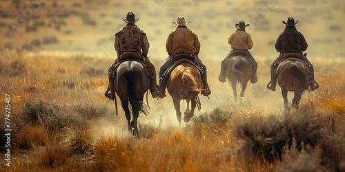 Outlaws in cowboy attire on horseback galloping through a wild west prairie resembling a scene from a western movie. Concept Wild West, Cowboys, Horseback Riding, Western Movie, Outlaws