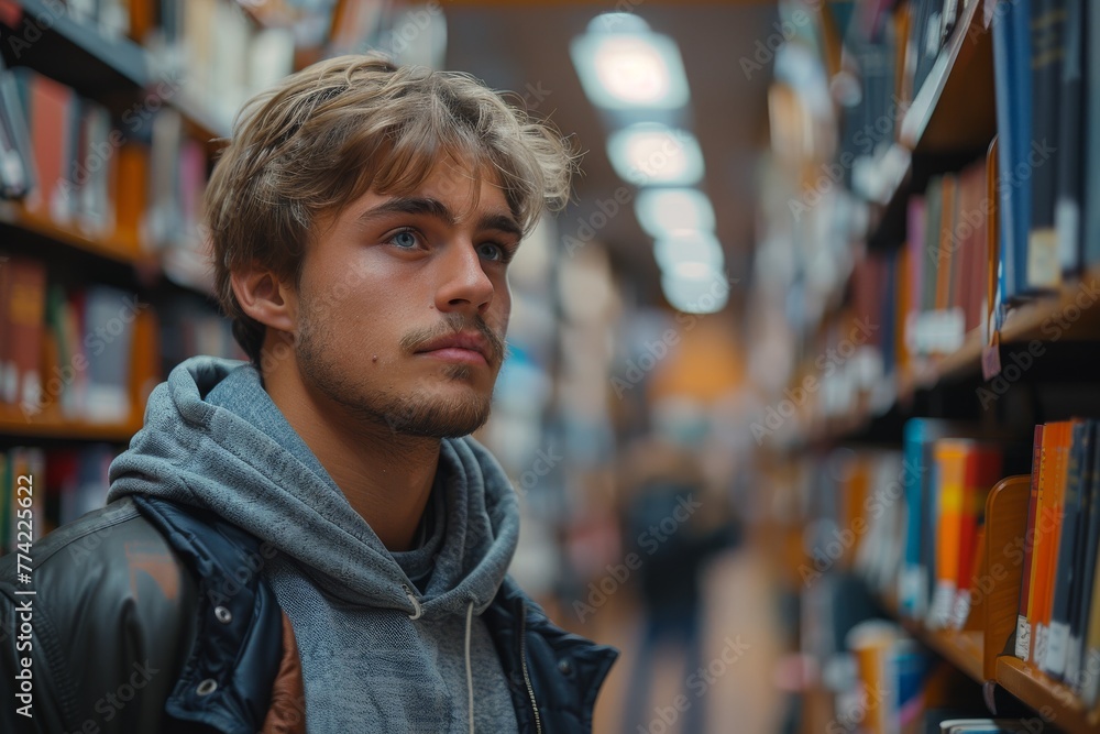 Thoughtful young man contemplating in a library, surrounded by bookshelves Thoughtful young man contemplating in a library, surrounded by bookshelves