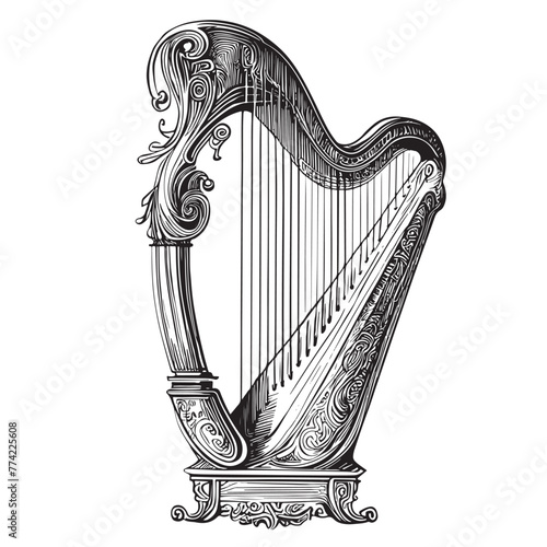 Musical harp hand drawn sketch. Music concept vector illustration