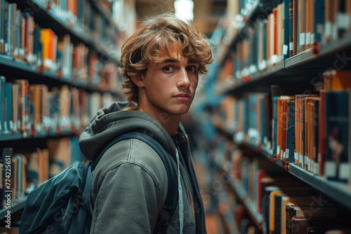 A young man with backpack looks pensively in a library aisle amidst books photo