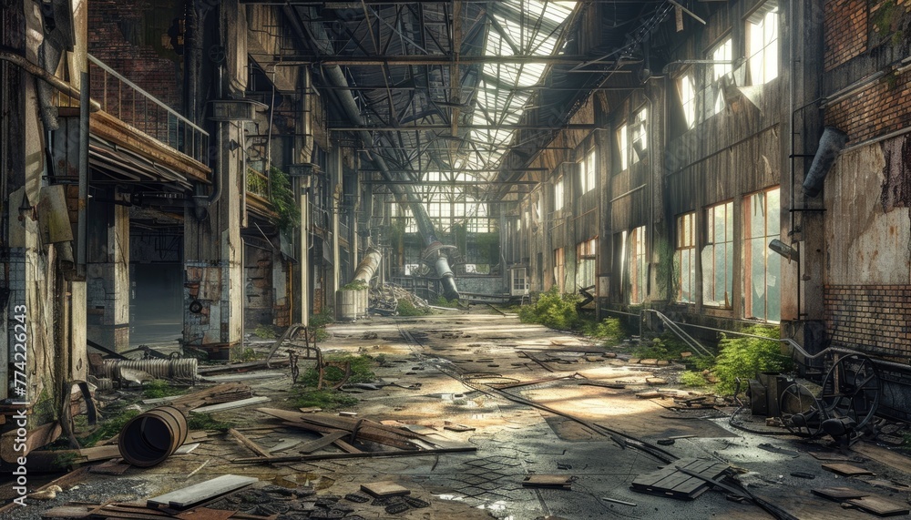 A large, empty warehouse with a lot of rust and graffiti on the walls by AI generated image