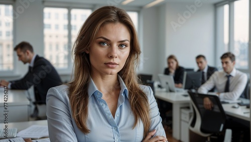 Portrait of confident businesswoman looking at camera in office with colleagues in the background