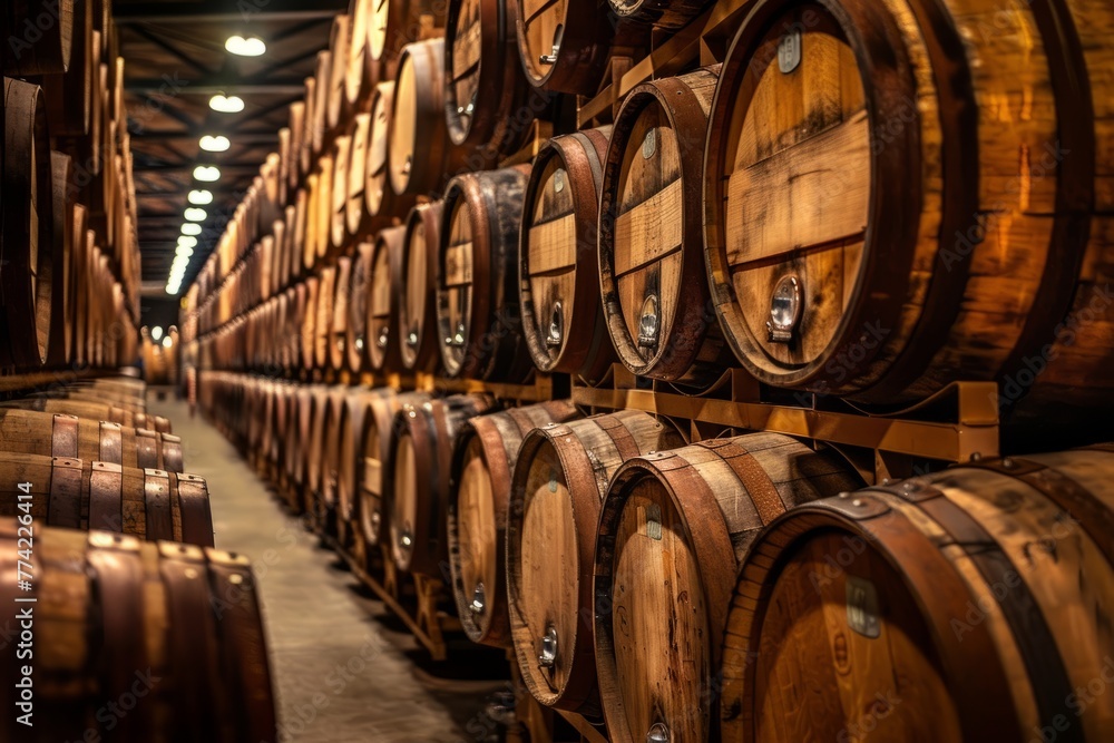 Numerous wooden barrels stacked on top of each other in a temperature-controlled barrel aging room for beer