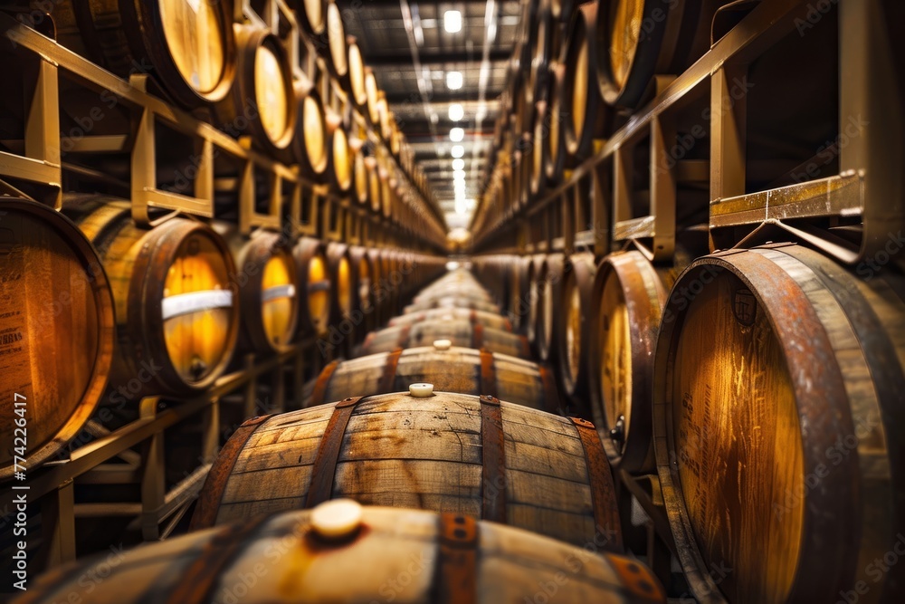 Wooden wine barrels stacked in rows inside a wine cellar