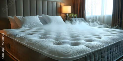 Sanitizing a Bedroom Mattress with Professional Hot Steam Cleaning. Concept Steam Cleaning, Bedroom, Mattress, Sanitizing, Professional Services
