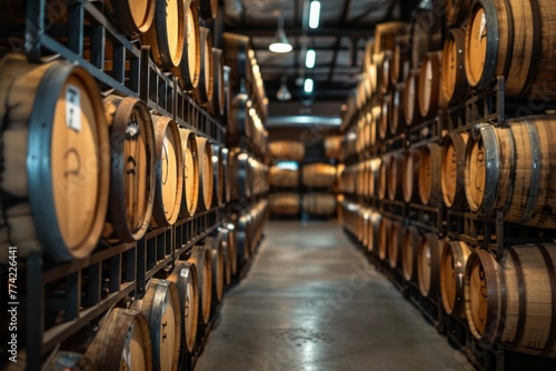A row of wine barrels lined up neatly inside a cool, dark wine cellar for aging and storage