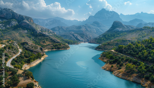 A beautiful mountain range with a large body of water in the foreground by AI generated image