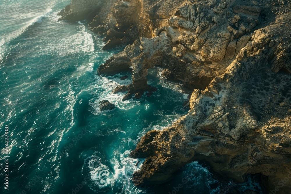 View from above of ocean waves crashing against rugged cliffs while sunlight illuminates the scenery