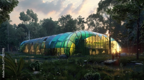 A large green building with a glass roof and a green roof