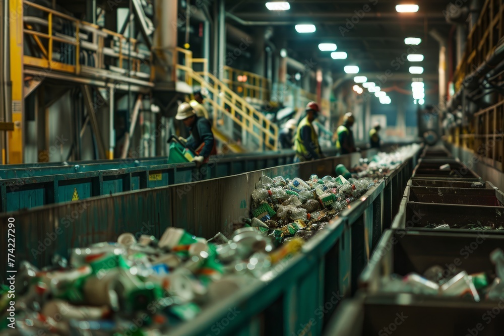 A conveyor belt in a recycling center is filled with heaps of trash, showcasing the abundance of discarded materials needing processing