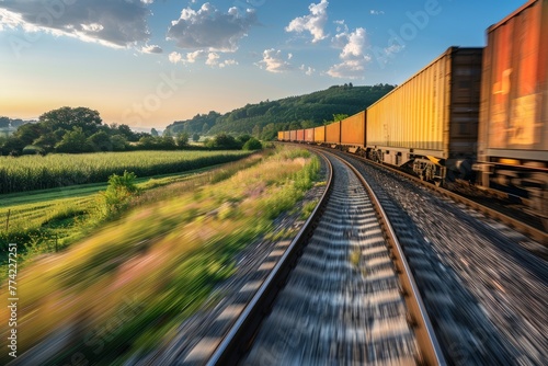 A freight train is seen traveling down train tracks next to a lush green field in a rural landscape