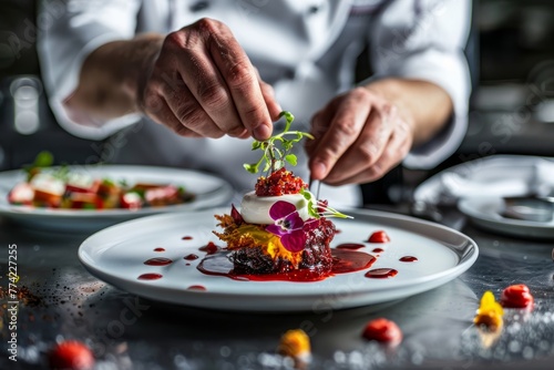 A chef meticulously decorates a dessert on a plate, adding the final touches to create an intricate and visually appealing dish
