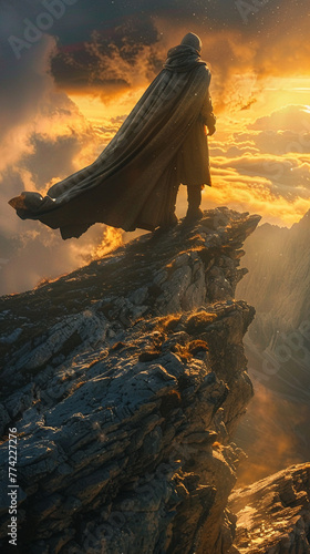 Warrior standing on mountain cliff