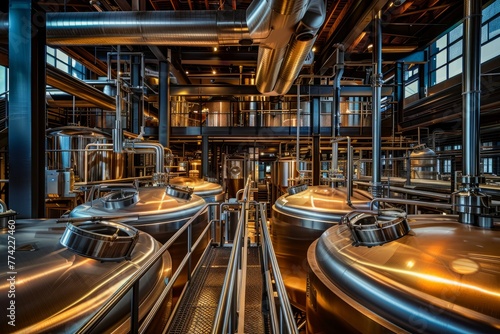 A room filled with numerous metal tanks, fermenters, mash tuns, and filtration systems used in modern brewing operations
