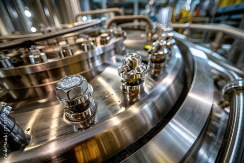 A close-up view highlighting the intricate knobs and controls of modern brewing equipment, including fermenters, mash tuns, and filtration systems