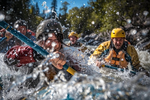 A group of individuals navigating a raft through whitewater rapids on a rushing river while splashing water