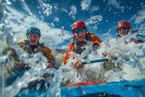 A group of people having an exciting adventure riding on the back of a boat