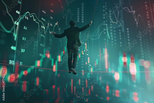 A businessman skillfully walks across a tightrope in front of a stock chart, symbolizing the risks and rewards of financial investments photo