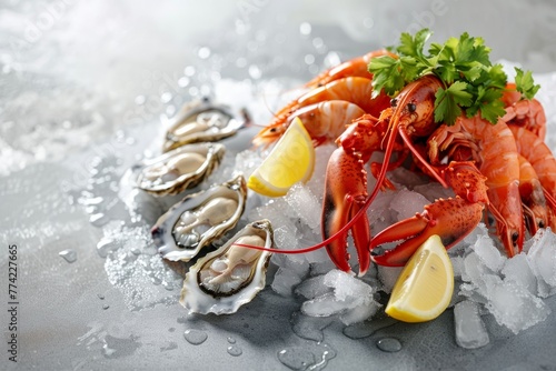 A plate filled with lobsters and oysters garnished with lemon wedges, showcasing a seafood extravaganza