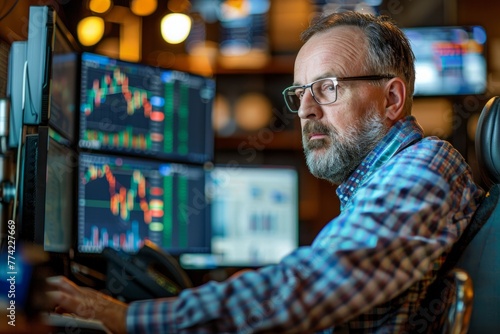 A man sitting in front of a computer monitor while working as a stock trader, multiple screens display stock charts