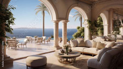 Maison d'architecture moderne, villa de luxe avec balcon vue sur la mer. Maison de style Méditerranée. Arrière-plan pour conception et création graphique.