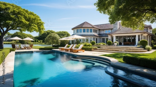 Mediterranean inspired villa with a sprawling garden and a private beach access in the exclusive Hamptons, New York