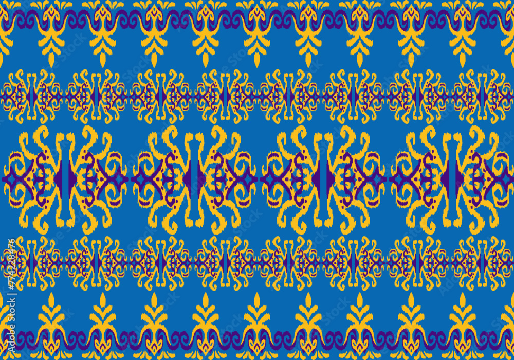24040205 Ethnic seamless pattern ikat embroidery on blue background