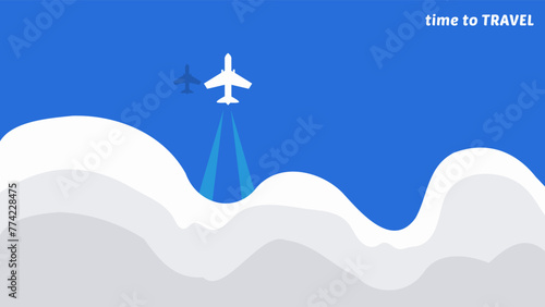 Abstract minimal summer horizontal poster, cover, card with blue sky, plane in the clouds and modern typography. Summer holidays, journey, vacation travel illustration. Promo ads design template See L