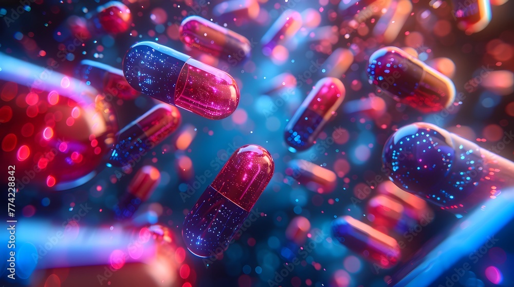 An abstract representation of numerous capsules suspended in mid-air. The capsules, varying in sizes and orientations, are of two distinct colors: dark blue and red - obrazy, fototapety, plakaty 