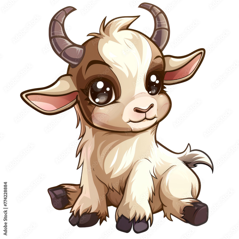 Cute little goat sitting on transparent background. Vector cartoon illustration.